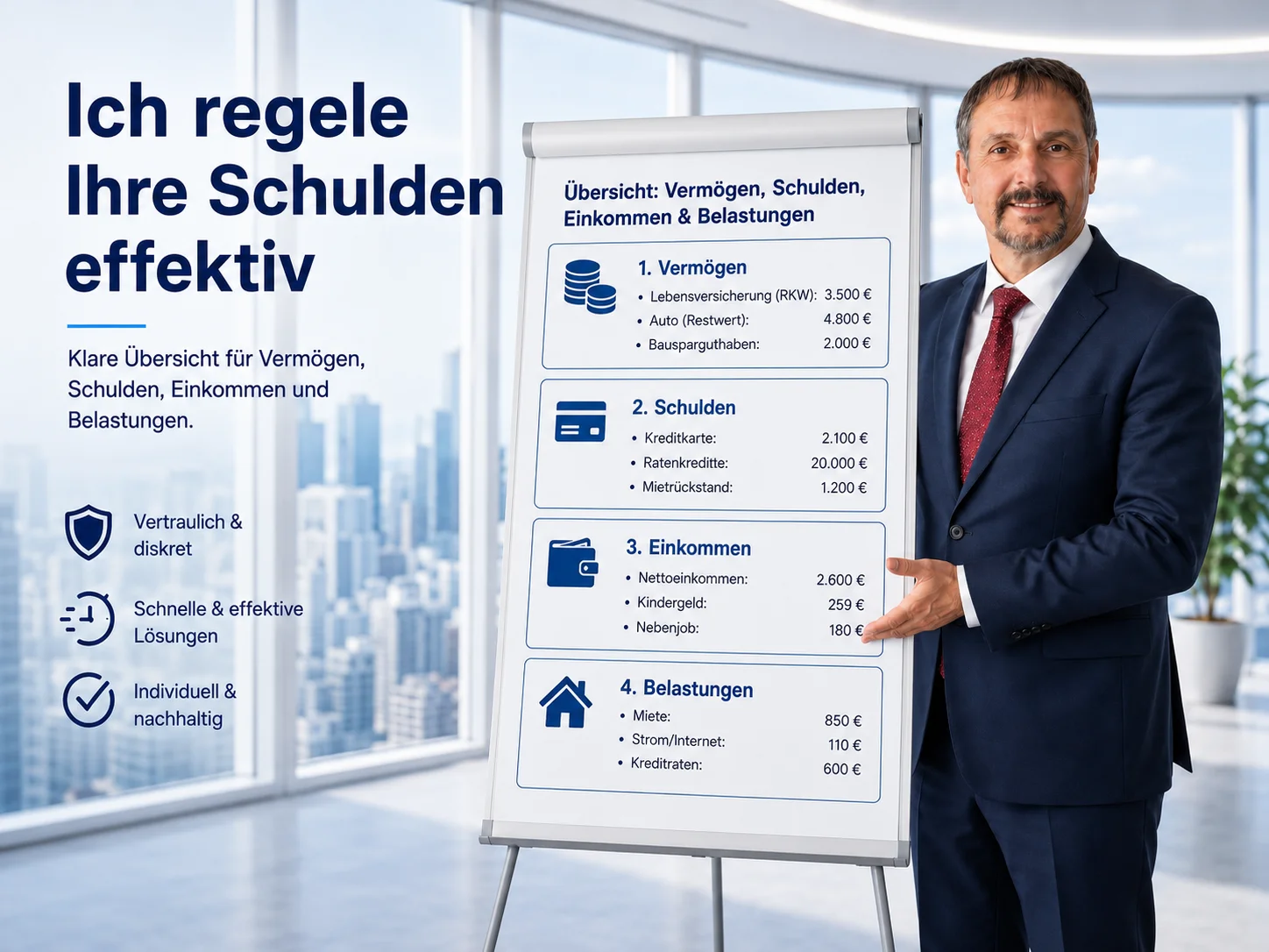 Werner Ehre am Flipchart: Ich regele Ihre Schulden effektiv – Übersicht über Vermögen, Schulden, Einkommen und Belastungen