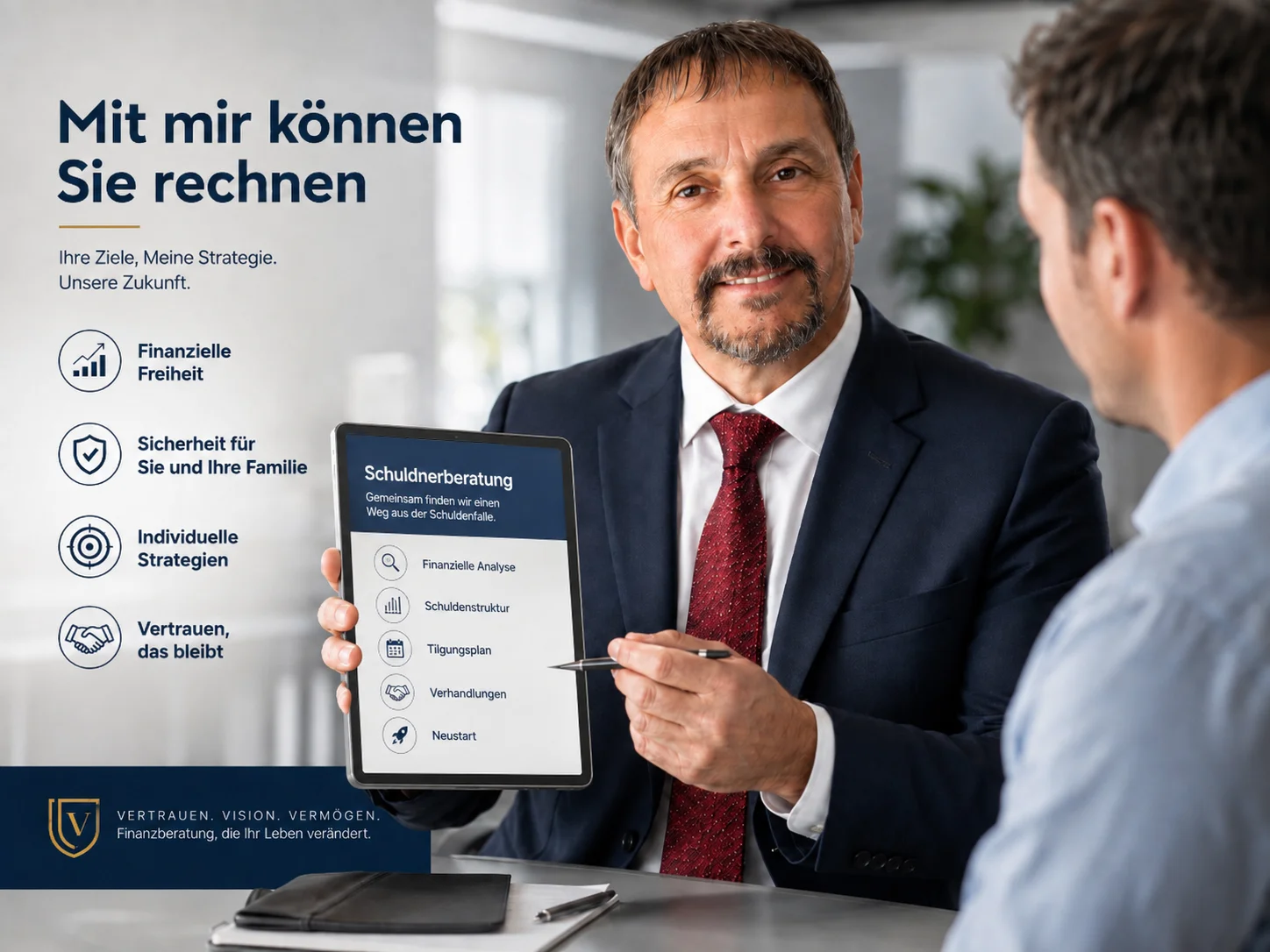 Werner Ehre im Beratungsgespräch: Mit mir können Sie rechnen – Schuldnerberatung mit finanzieller Analyse, Tilgungsplan und Verhandlungen